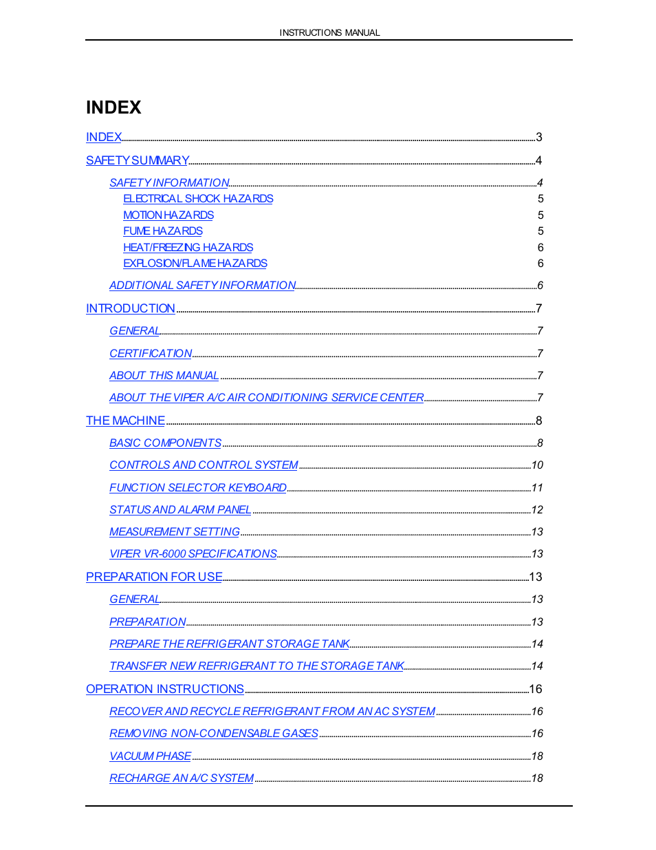 Index | Viper VR-6000 User Manual | Page 3 / 76
