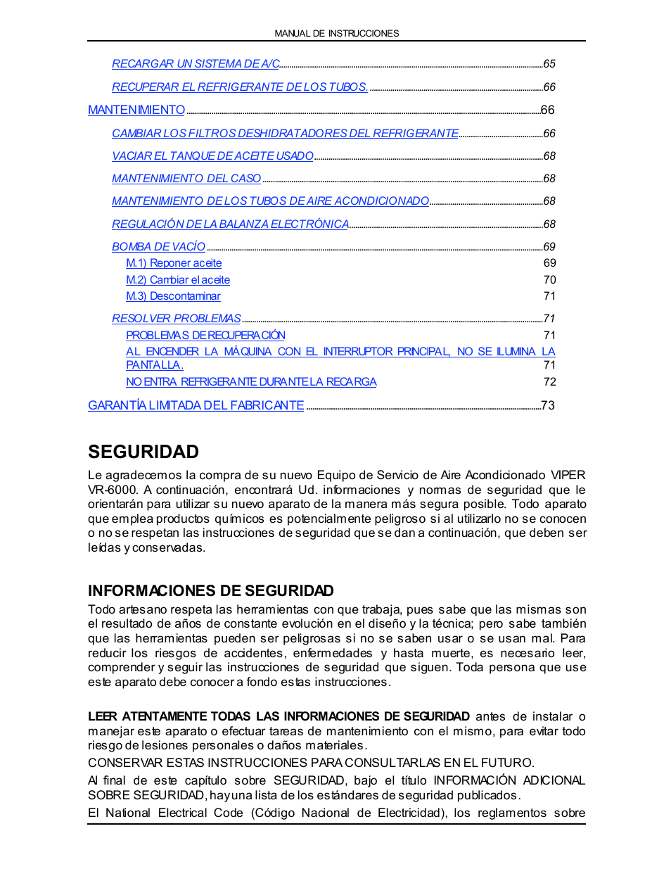 Seguridad, Informaciones de seguridad | Viper VR-6000 User Manual | Page 51 / 76