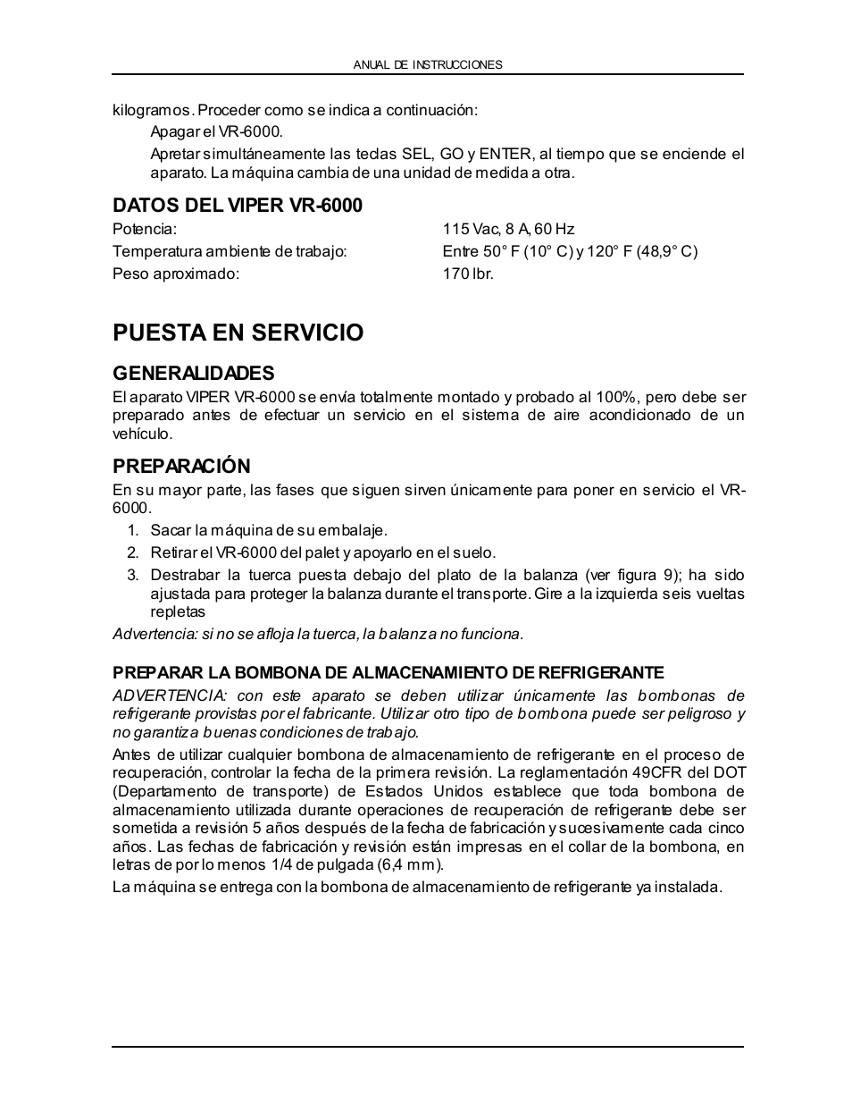 Puesta en servicio | Viper VR-6000 User Manual | Page 60 / 76