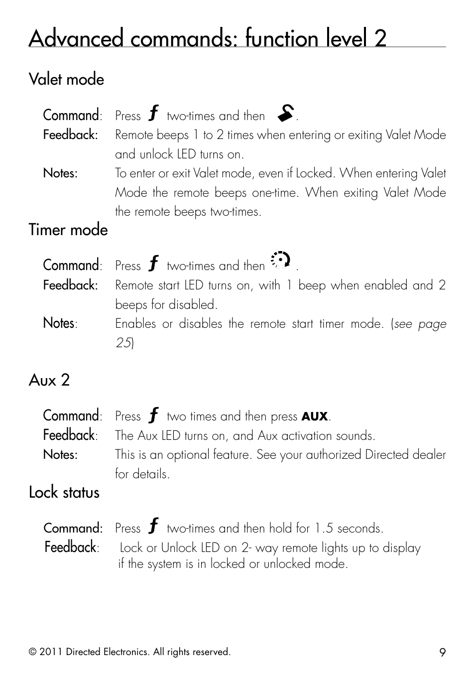 Advanced commands: function level 2, Valet mode, Timer mode | Aux 2, Lock status, Command, Feedback | Viper 5301 User Manual | Page 17 / 52