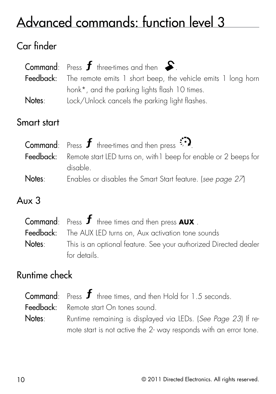 Advanced commands: function level 3, Car finder, Smart start | Aux 3, Runtime check, Command | Viper 5301 User Manual | Page 18 / 52