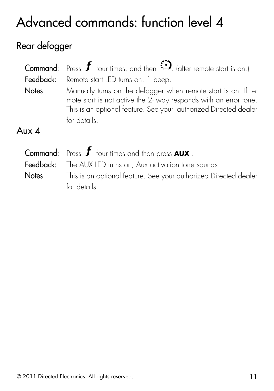 Advanced commands: function level 4, Rear defogger, Aux 4 | Command | Viper 5301 User Manual | Page 19 / 52