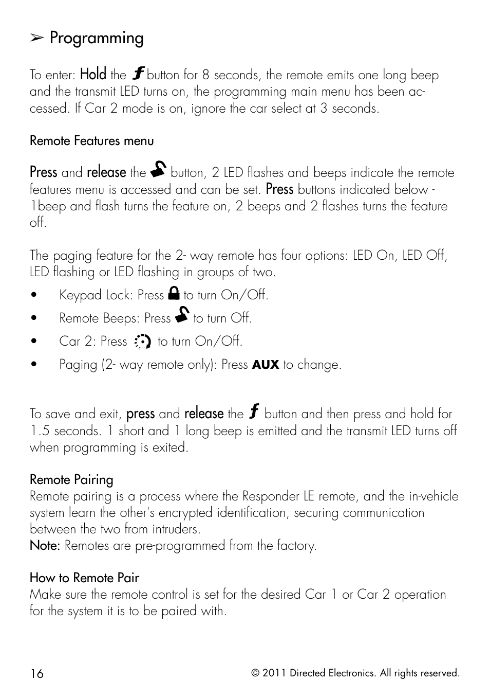 Programming, Hold, Press | Release | Viper 5301 User Manual | Page 24 / 52