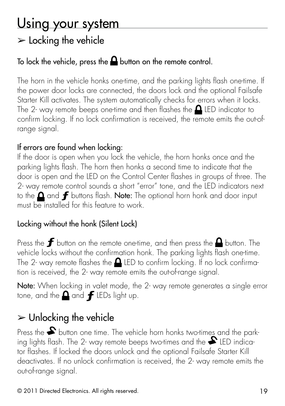 Using your system, Locking the vehicle, Unlocking the vehicle | Viper 5301 User Manual | Page 27 / 52