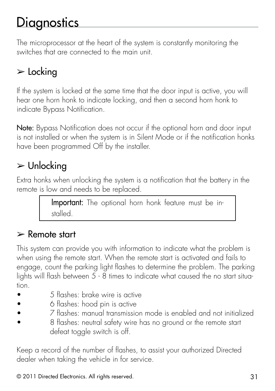 Diagnostics, Locking, Unlocking | Remote start | Viper 5301 User Manual | Page 39 / 52