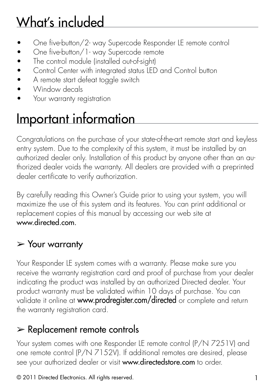 What’s included, Important information, Your warranty | Replacement remote controls | Viper 5301 User Manual | Page 9 / 52