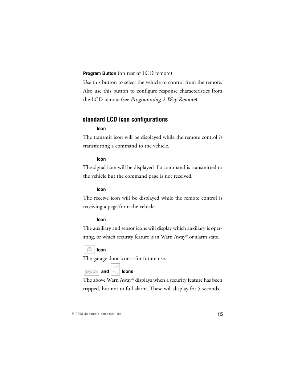 On rear of lcd remote), Standard lcd icon configurations | Viper 5000 User Manual | Page 14 / 61