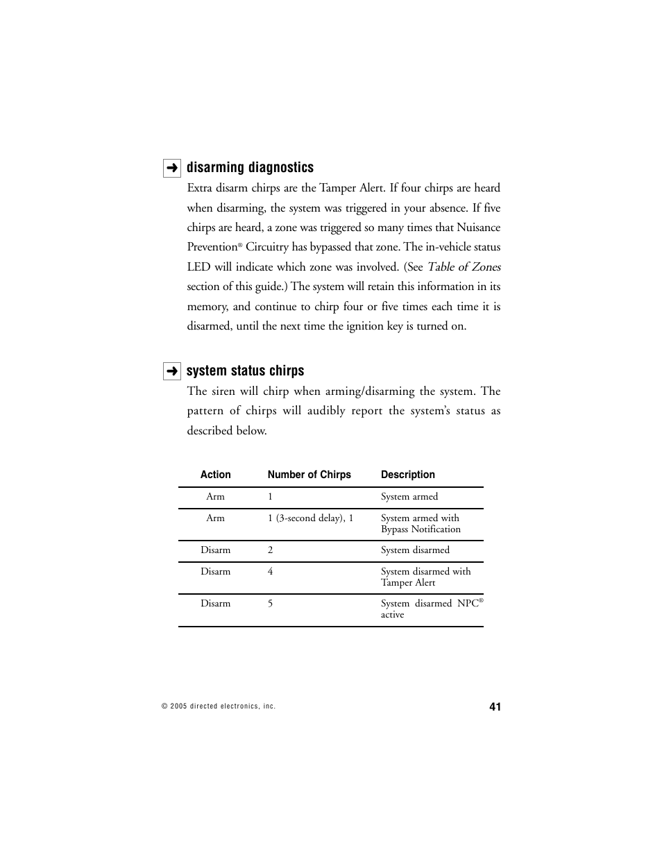 Disarming diagnostics, System status chirps | Viper 5000 User Manual | Page 40 / 61