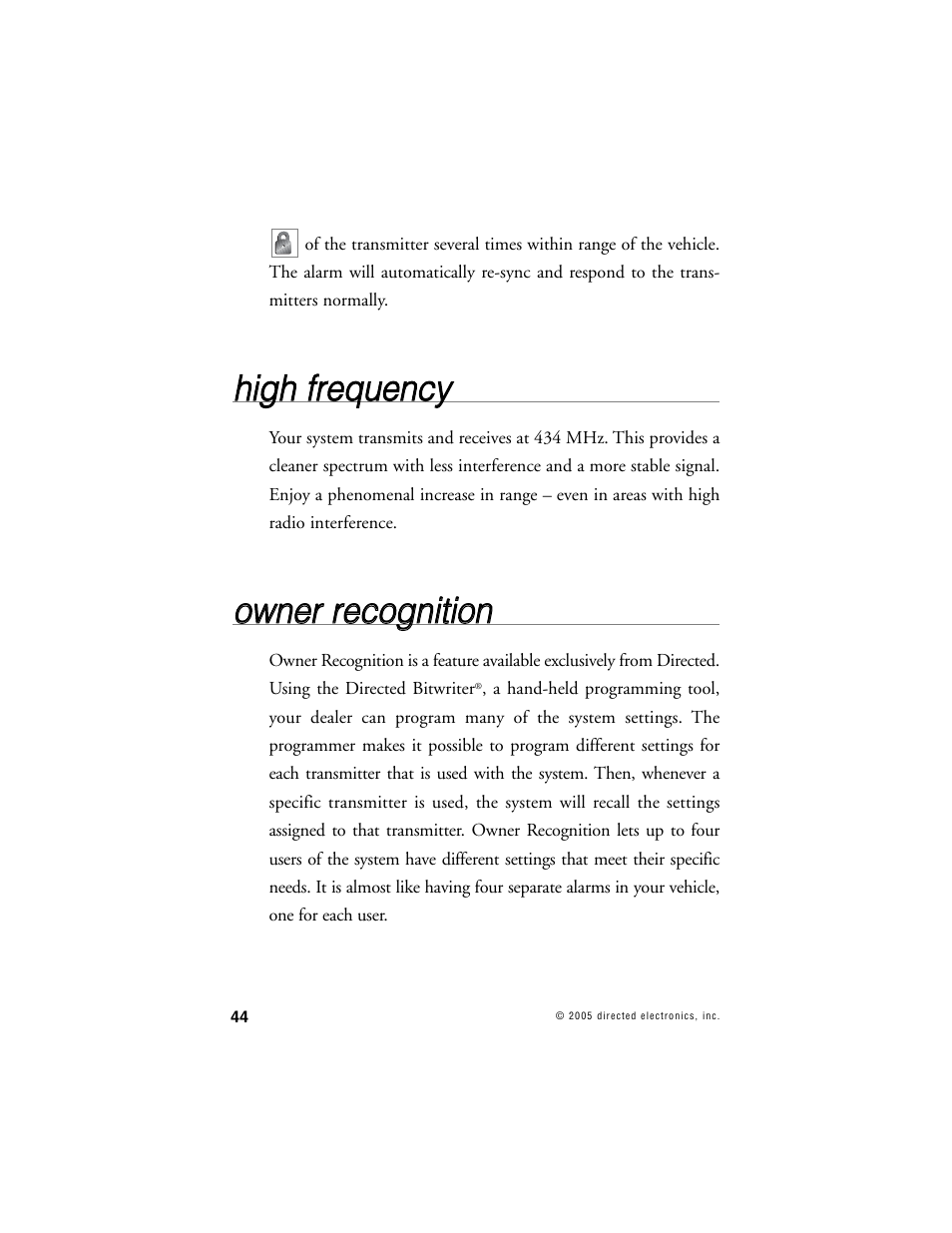 Hhiig gh h ffrre eq qu ue en nc cyy, Oow wn ne err rre ec co og gn niittiio on n | Viper 5000 User Manual | Page 43 / 61