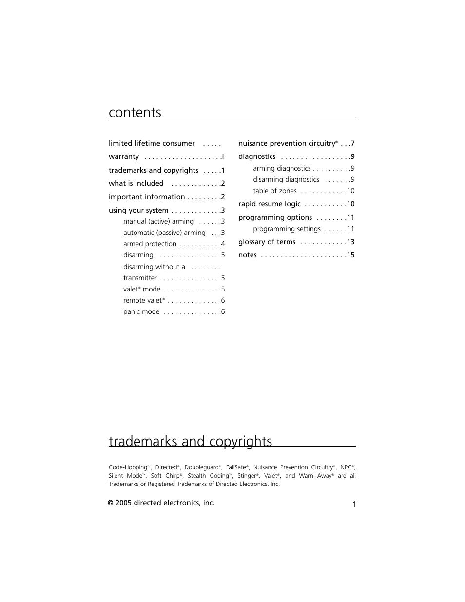 Contents trademarks and copyrights | Viper Model 330V User Manual | Page 4 / 21