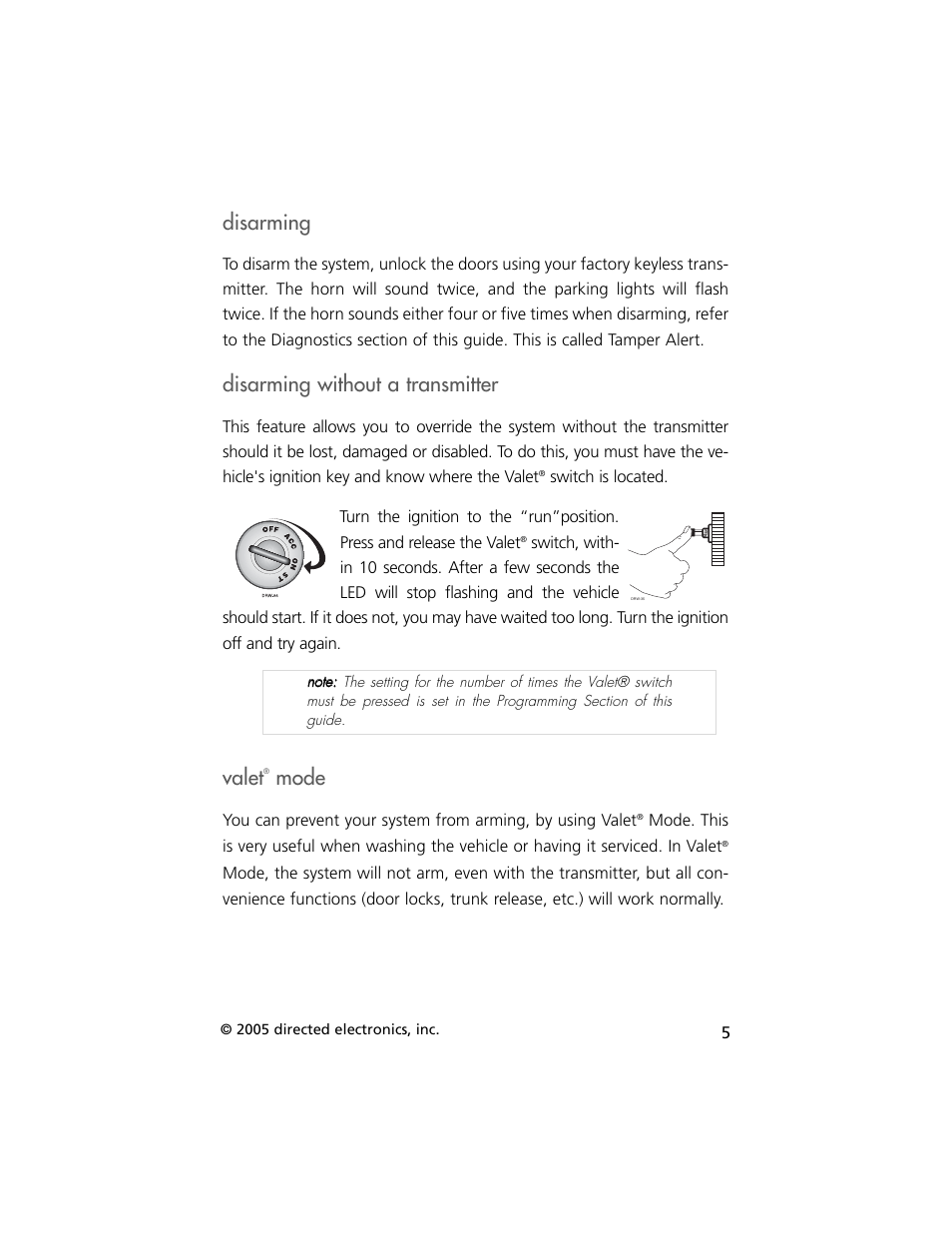 Disarming, Disarming without a transmitter, Valet | Mode | Viper Model 330V User Manual | Page 8 / 21