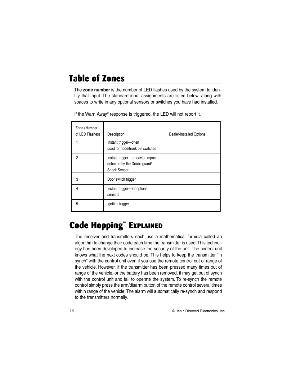 Table of zones, Code hopping, Xplained | Viper Model 550HF User Manual | Page 14 / 20