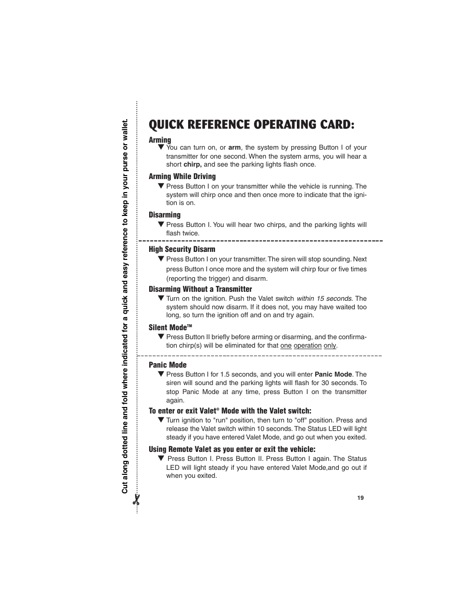 Quick reference operating card | Viper Model 550HF User Manual | Page 19 / 20
