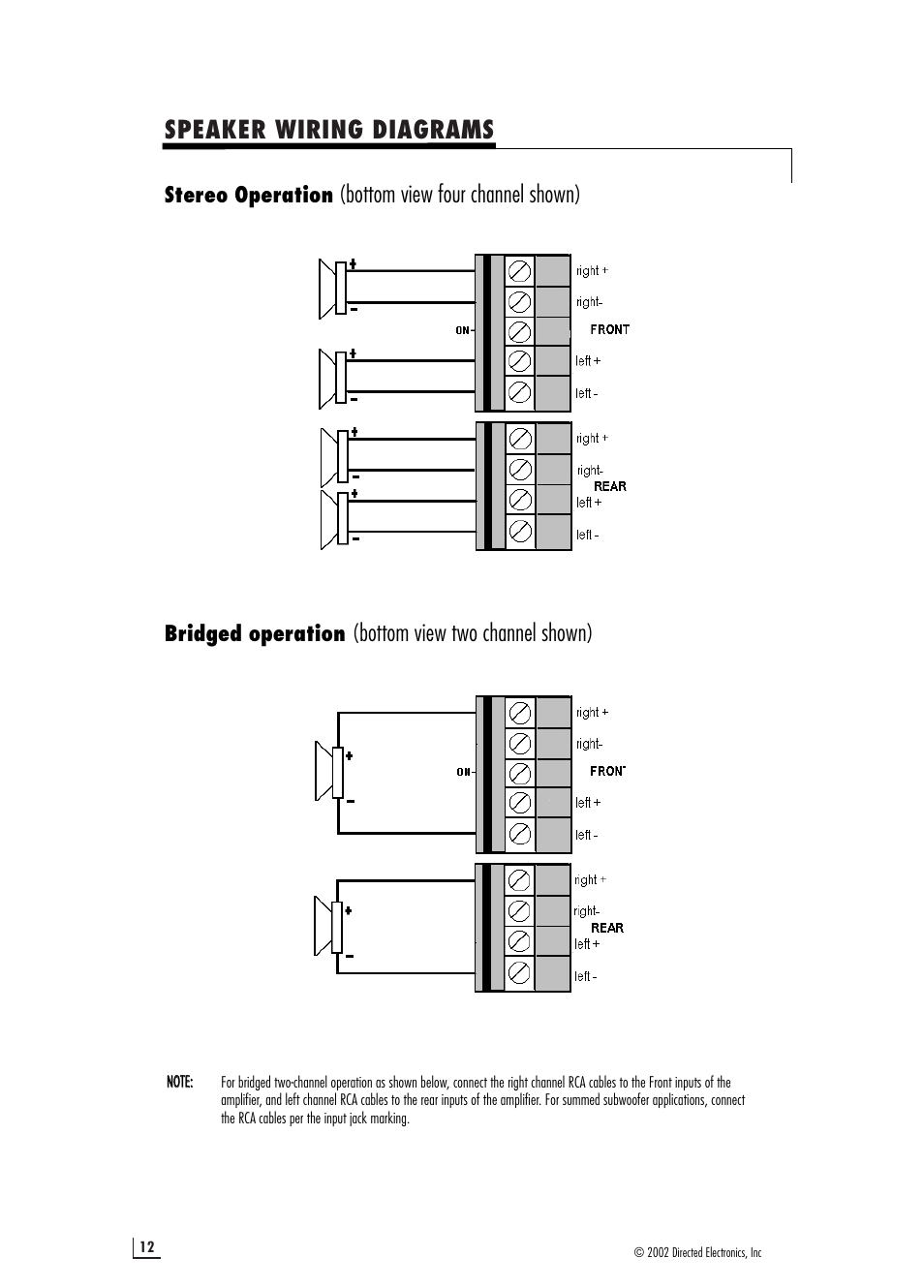 Speaker wiring diagrams, Bottom view four channel shown), Bottom view two channel shown) | Viper 200.4 User Manual | Page 12 / 16