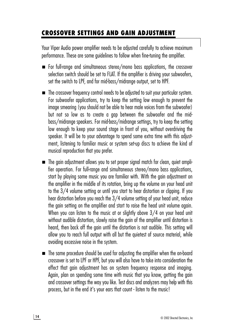 Crossover settings and gain adjustment | Viper 200.4 User Manual | Page 14 / 16