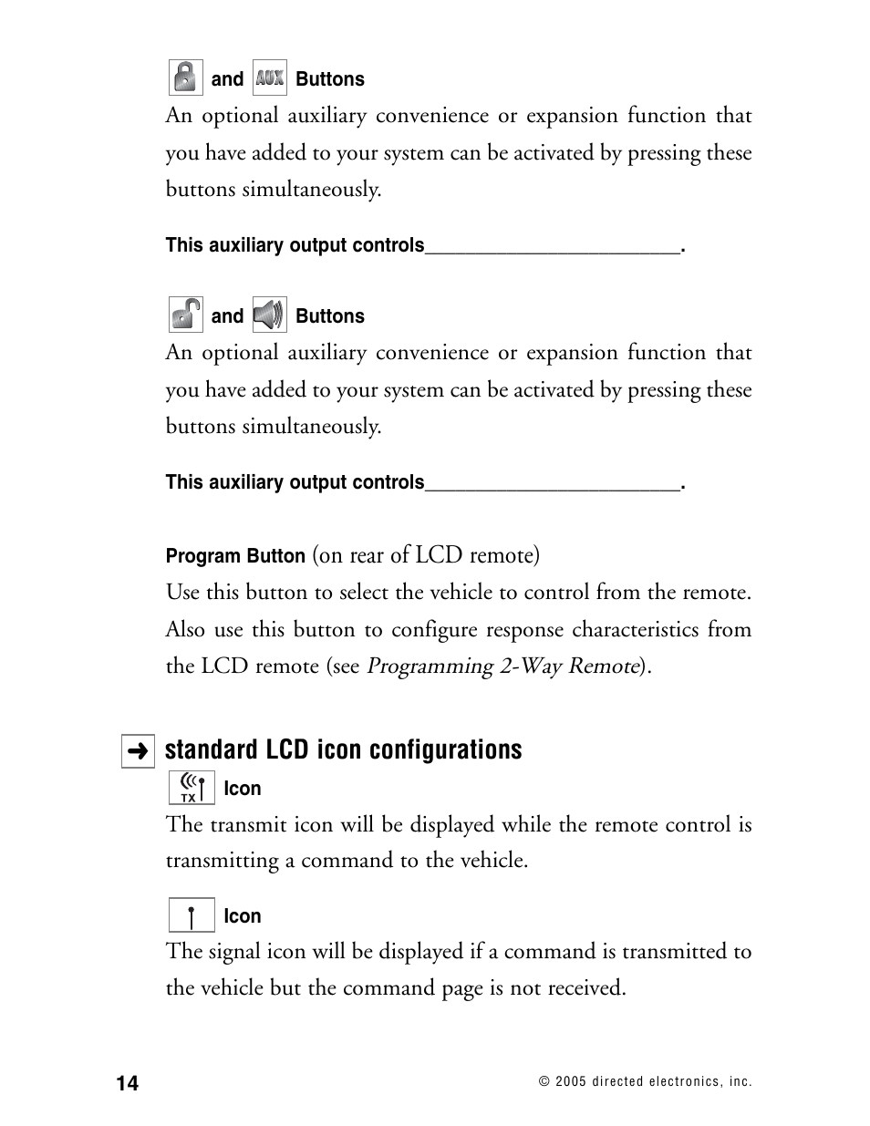 On rear of lcd remote), Standard lcd icon configurations | Viper Model 480XV User Manual | Page 13 / 49
