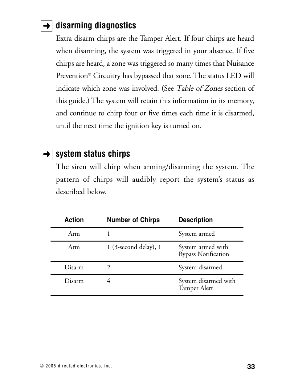 Disarming diagnostics, System status chirps | Viper Model 480XV User Manual | Page 32 / 49