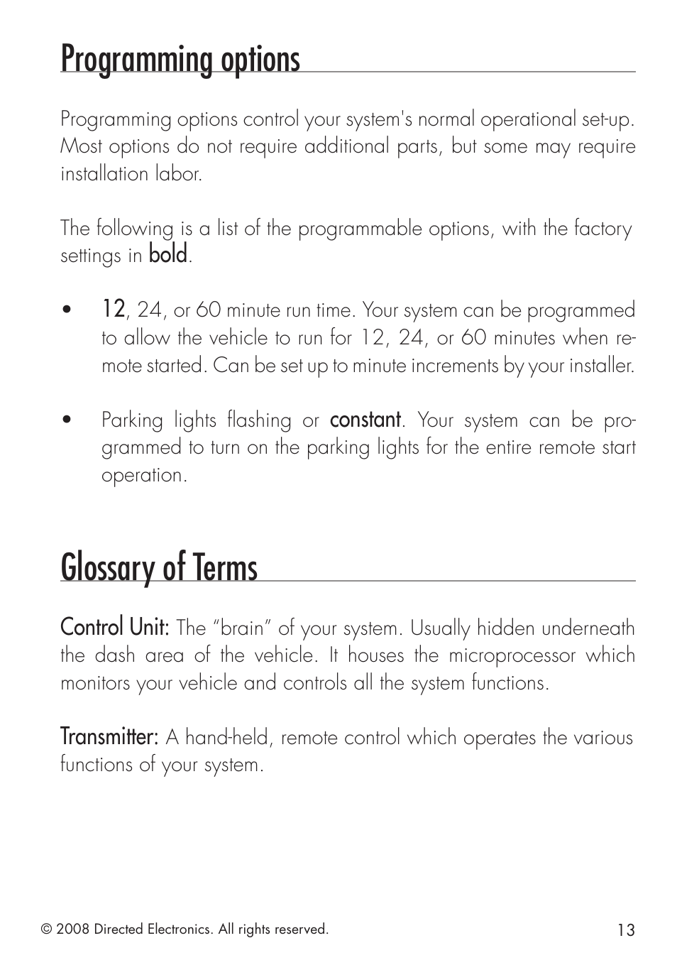 Programming options, Glossary of terms | Viper G4203V User Manual | Page 13 / 20