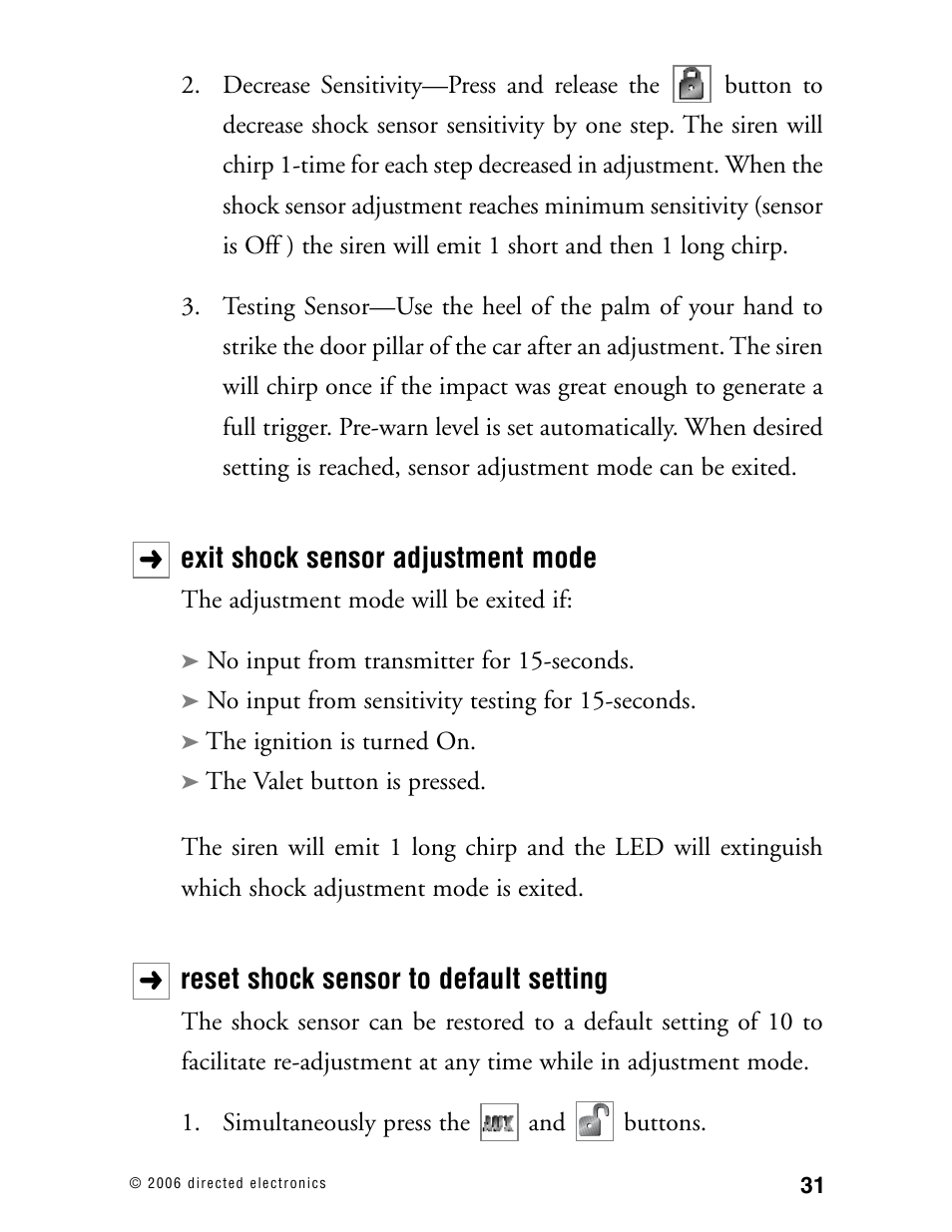 Exit shock sensor adjustment mode, Reset shock sensor to default setting | Viper Model 3002 User Manual | Page 30 / 53