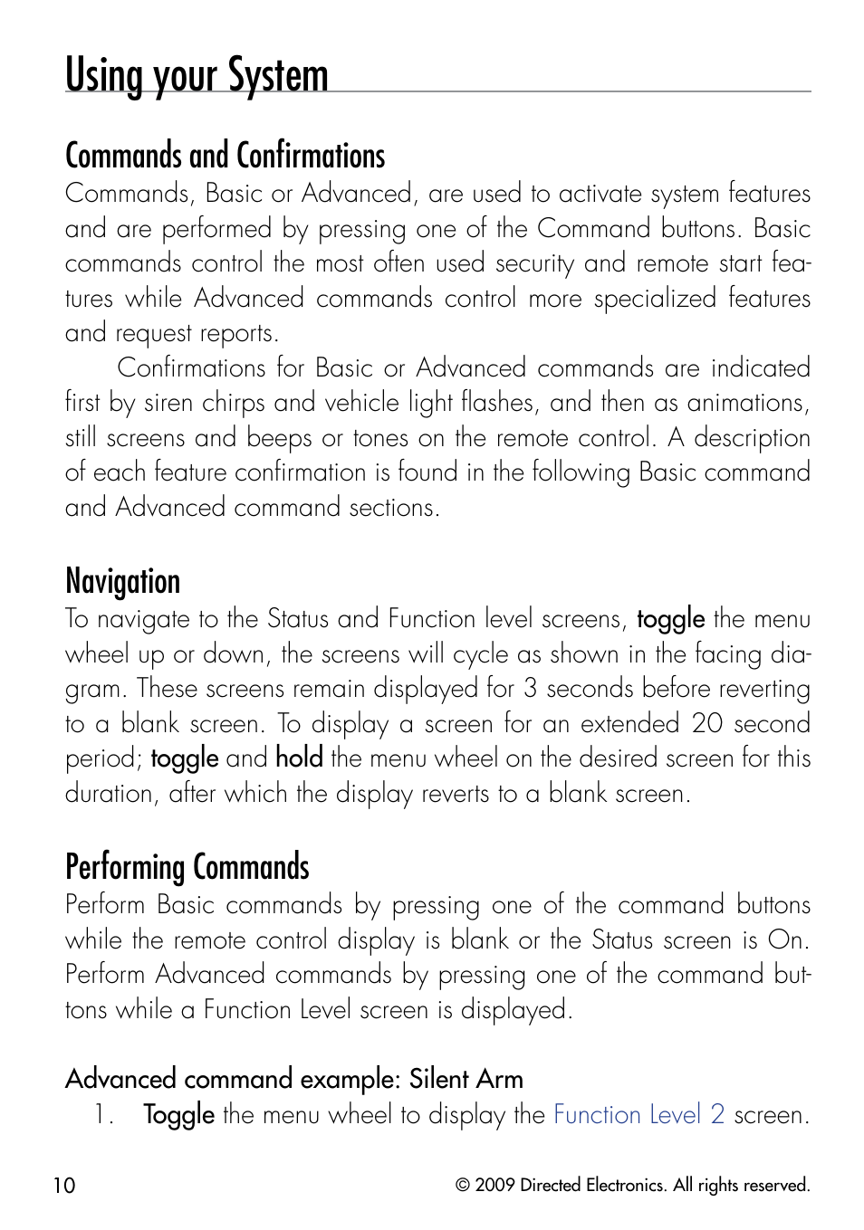 Using your system, Commands and conﬁrmations, Navigation | Performing commands | Viper 5902 User Manual | Page 13 / 69