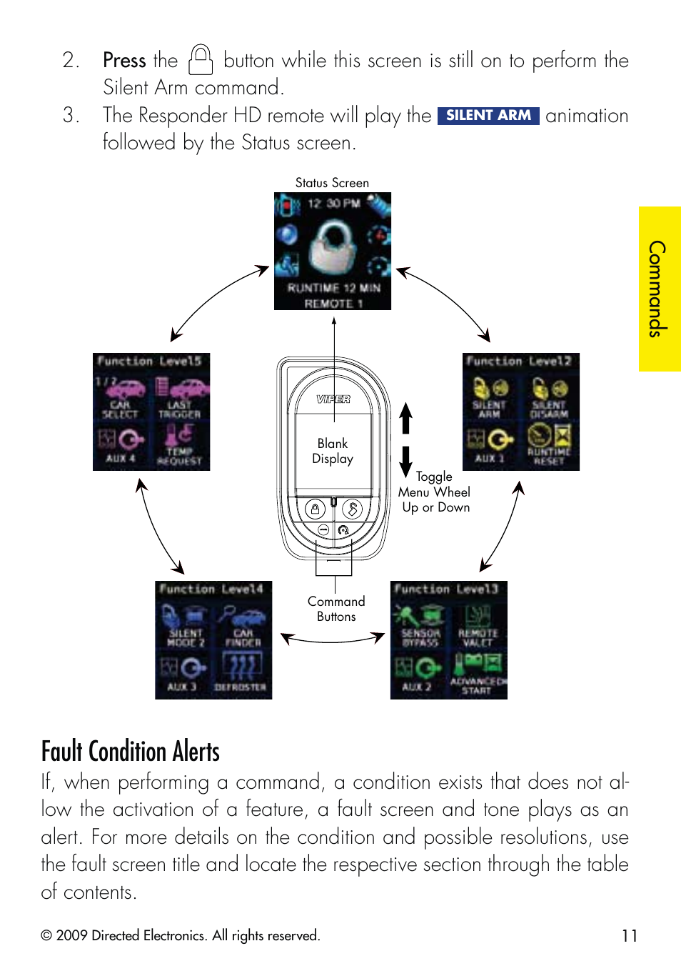 Fault condition alerts, Commands, Animation followed by the status screen | Viper 5902 User Manual | Page 14 / 69