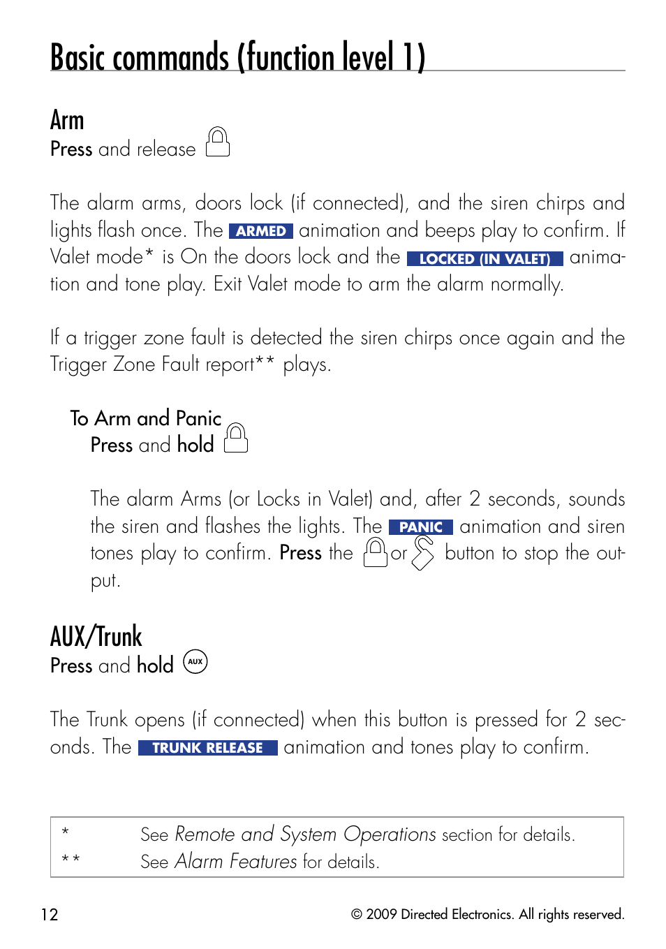 Basic commands (function level 1), Aux/trunk | Viper 5902 User Manual | Page 15 / 69