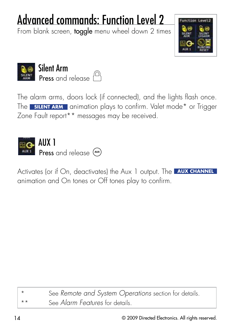 Advanced commands: function level 2, Silent arm, Aux 1 | Viper 5902 User Manual | Page 17 / 69