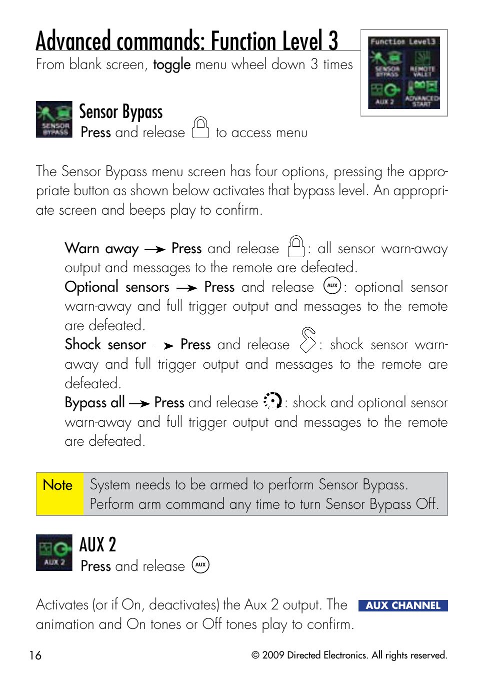 Advanced commands: function level 3, Sensor bypass, Aux 2 | Viper 5902 User Manual | Page 19 / 69