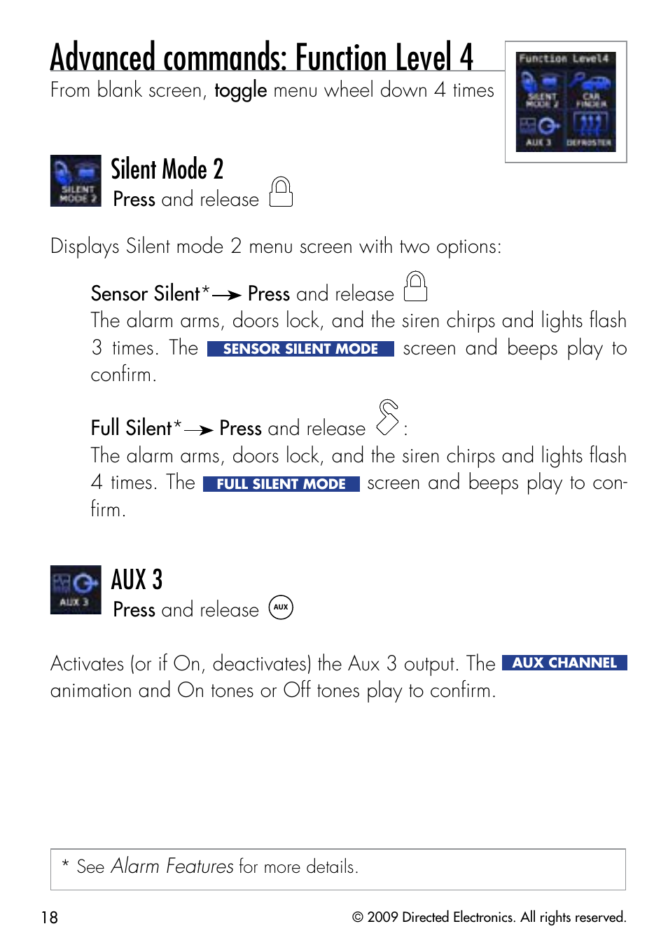 Advanced commands: function level 4, Silent mode 2, Aux 3 | Viper 5902 User Manual | Page 21 / 69