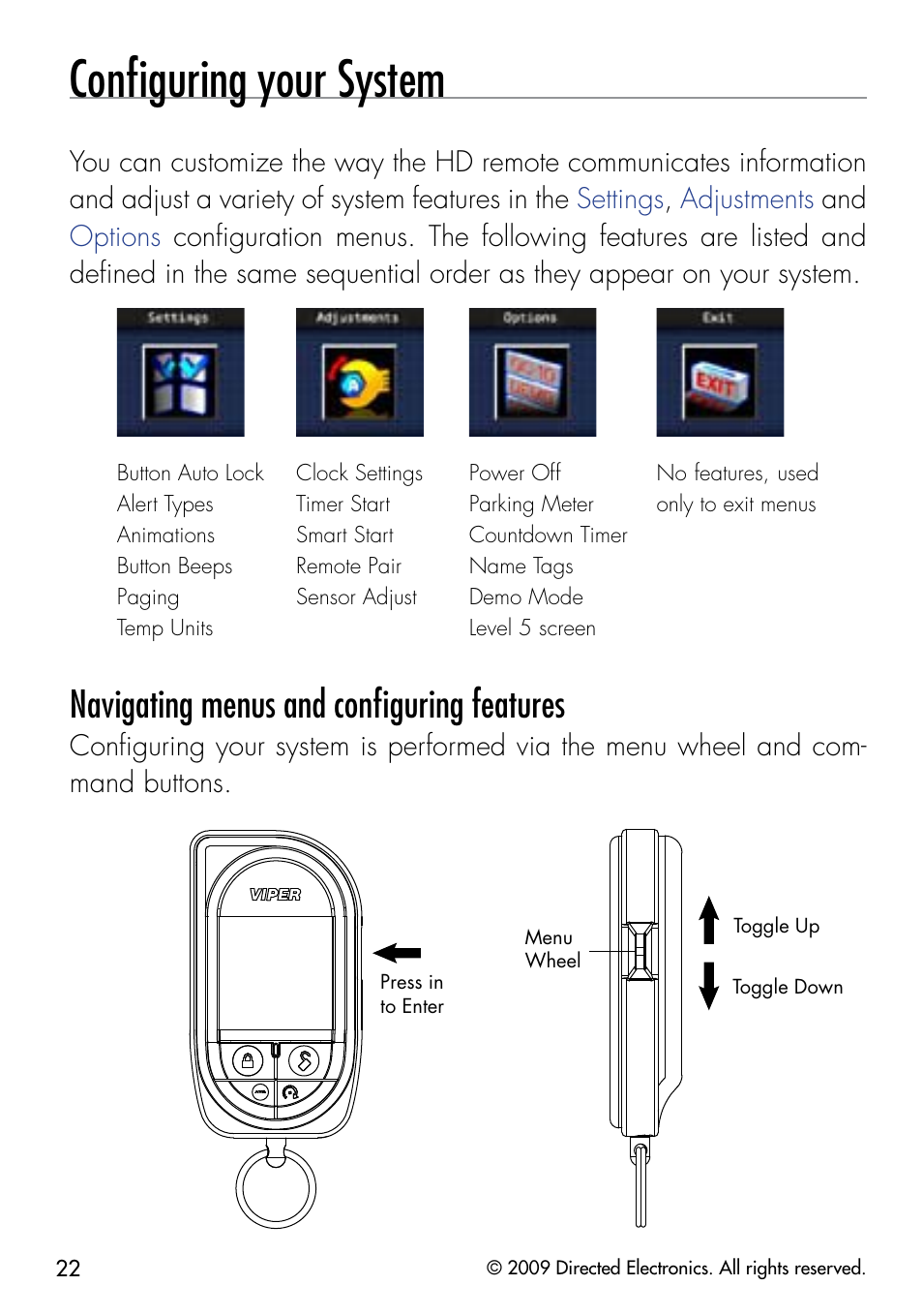 Conﬁguring your system, Navigating menus and conﬁguring features | Viper 5902 User Manual | Page 25 / 69