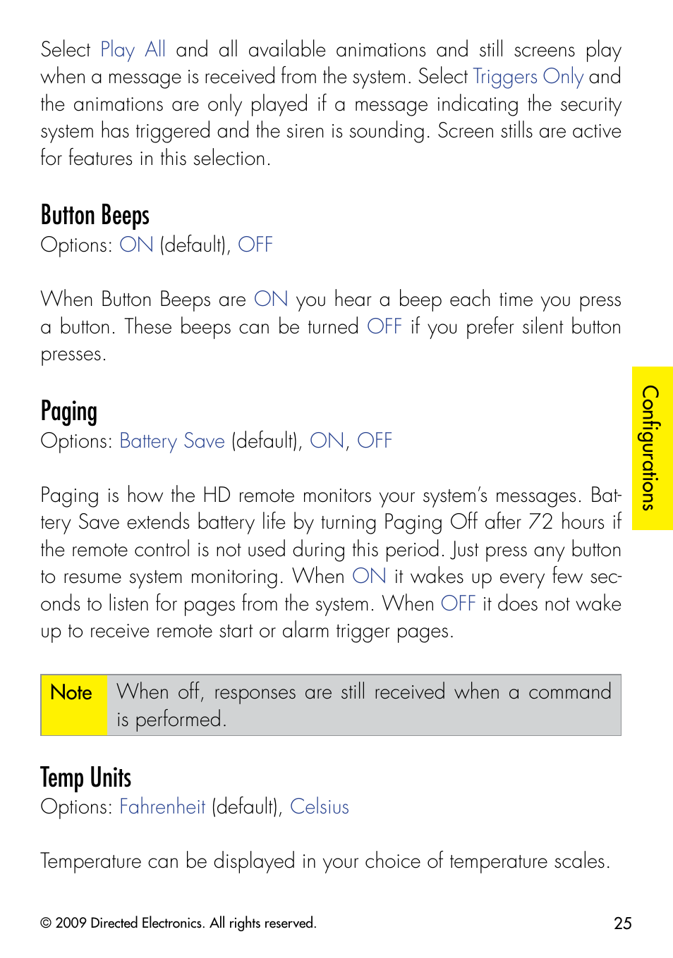 Button beeps, Paging, Temp units | Viper 5902 User Manual | Page 28 / 69
