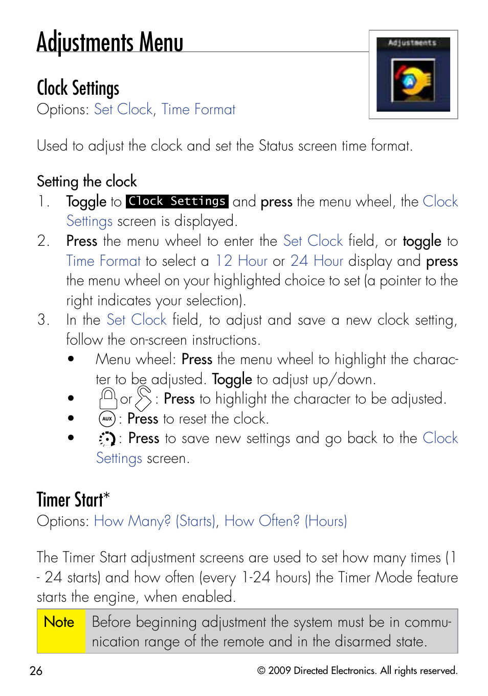 Adjustments menu, Clock settings, Timer start | Viper 5902 User Manual | Page 29 / 69