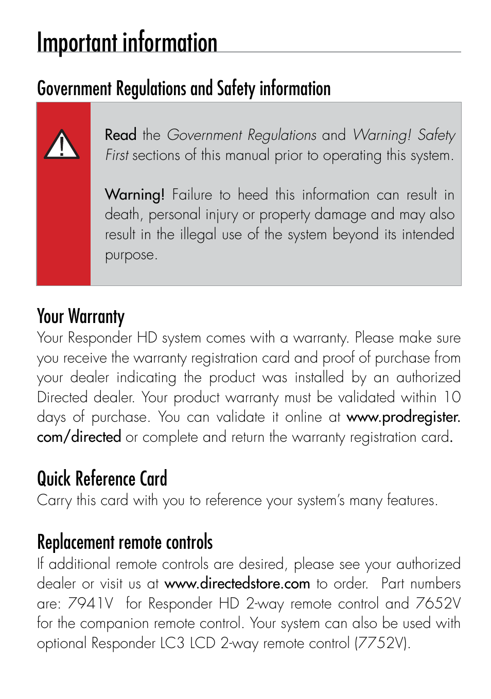 Important information | Viper 5902 User Manual | Page 3 / 69