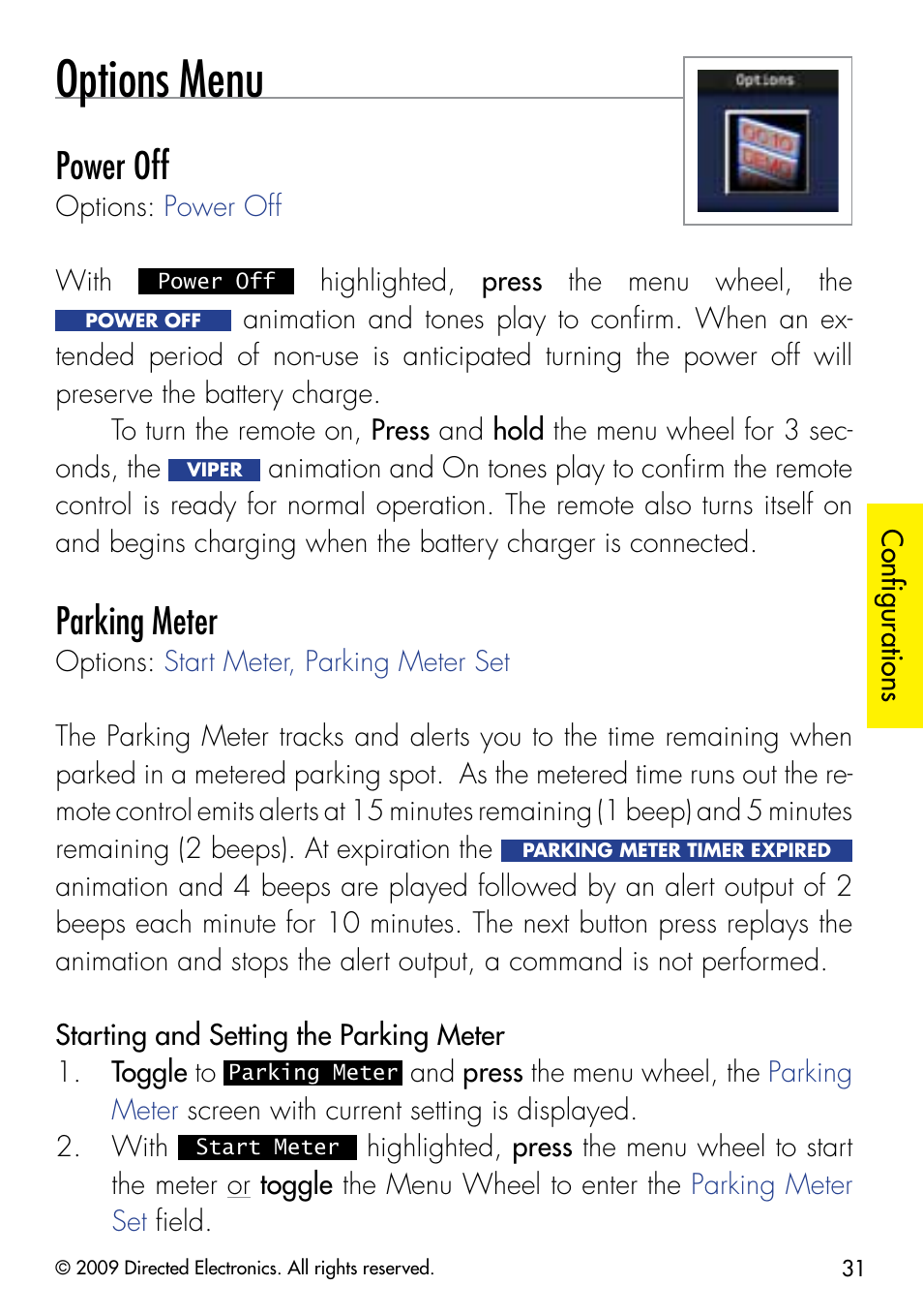 Options menu, Power off, Parking meter | Viper 5902 User Manual | Page 34 / 69