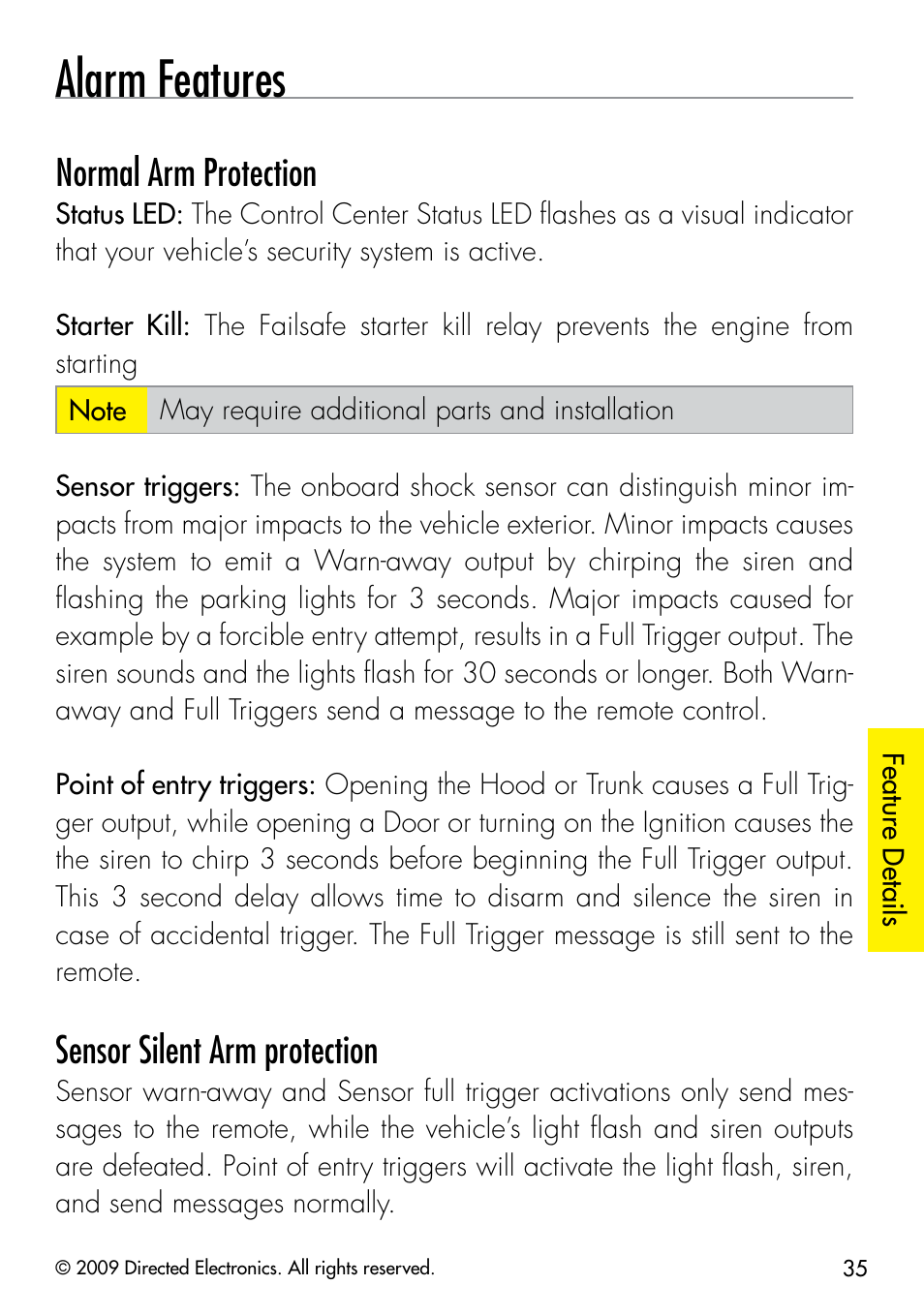 Alarm features, Normal arm protection, Sensor silent arm protection | Viper 5902 User Manual | Page 38 / 69