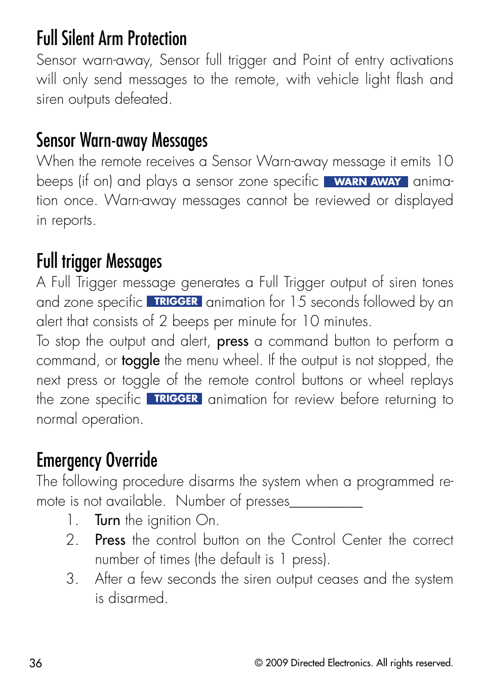 Full silent arm protection, Sensor warn-away messages, Full trigger messages | Emergency override | Viper 5902 User Manual | Page 39 / 69