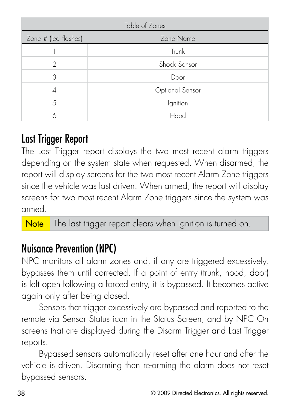 Last trigger report, Nuisance prevention (npc) | Viper 5902 User Manual | Page 41 / 69