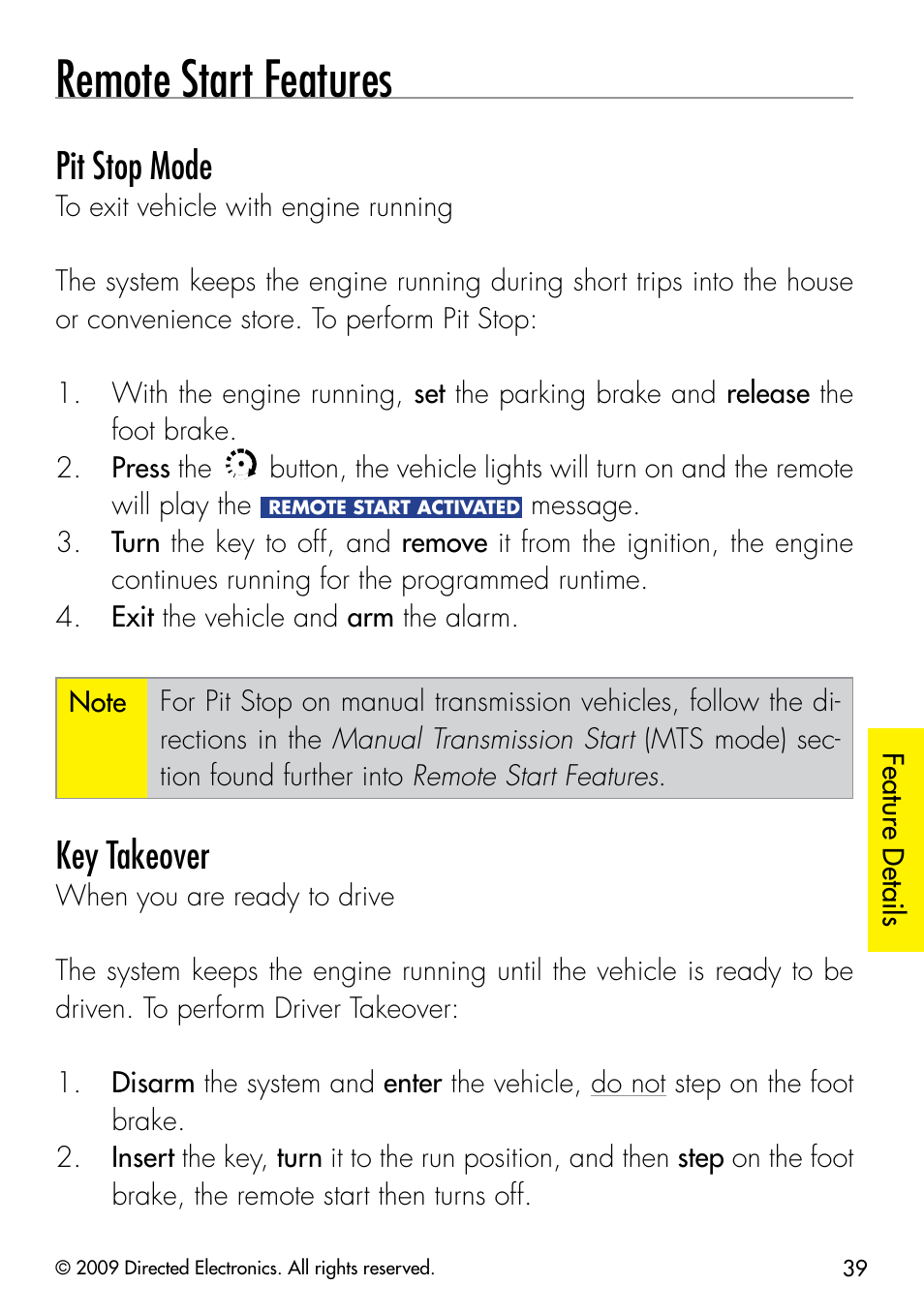 Remote start features, Pit stop mode, Key takeover | Viper 5902 User Manual | Page 42 / 69