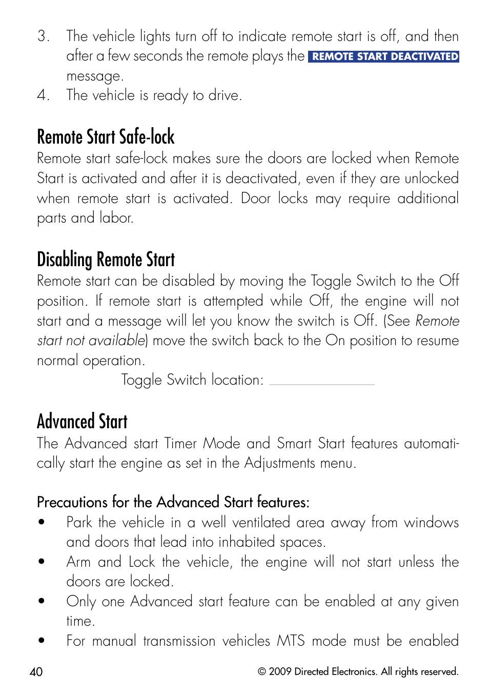 Remote start safe-lock, Disabling remote start, Advanced start | Viper 5902 User Manual | Page 43 / 69