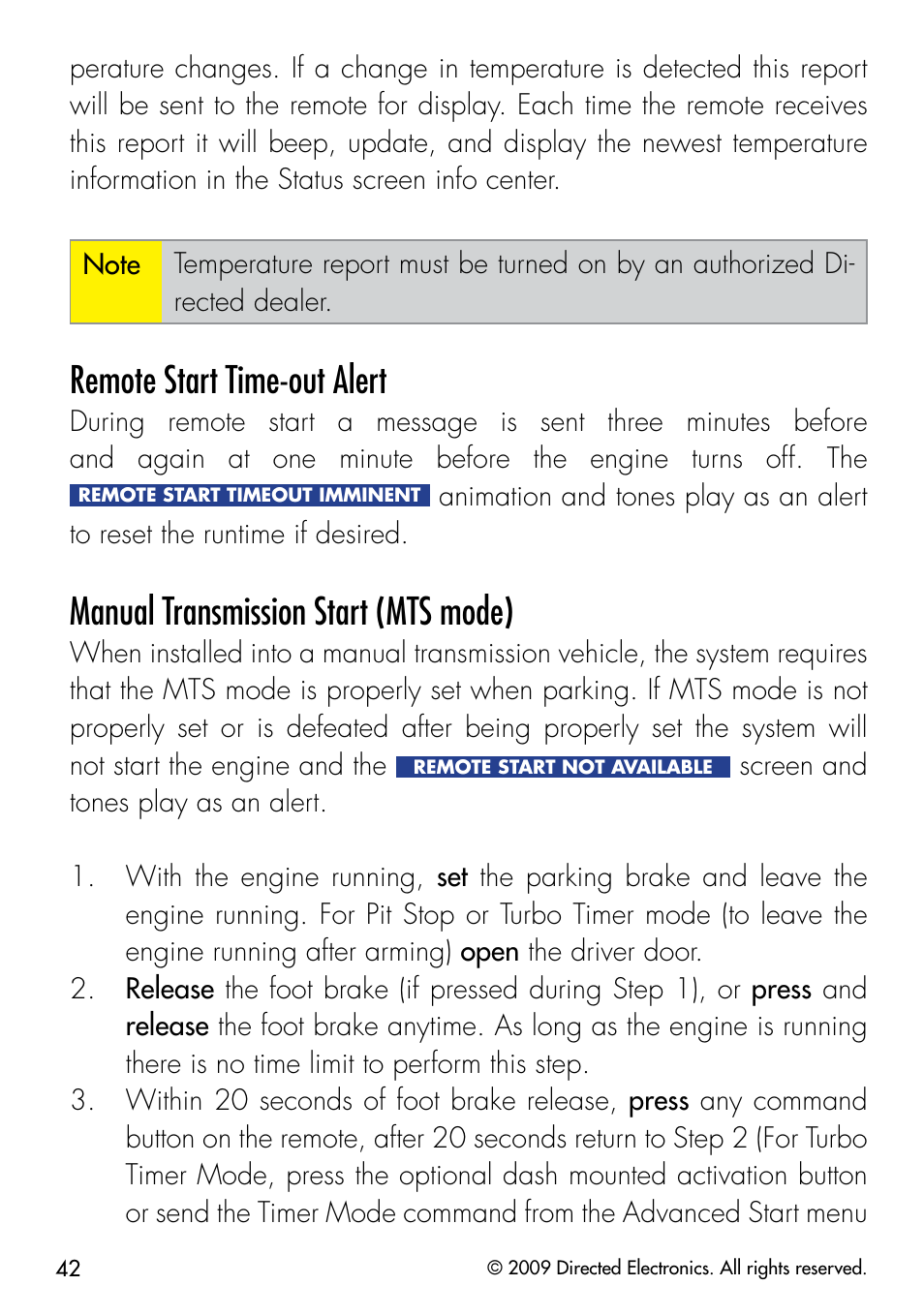 Remote start time-out alert, Manual transmission start (mts mode) | Viper 5902 User Manual | Page 45 / 69