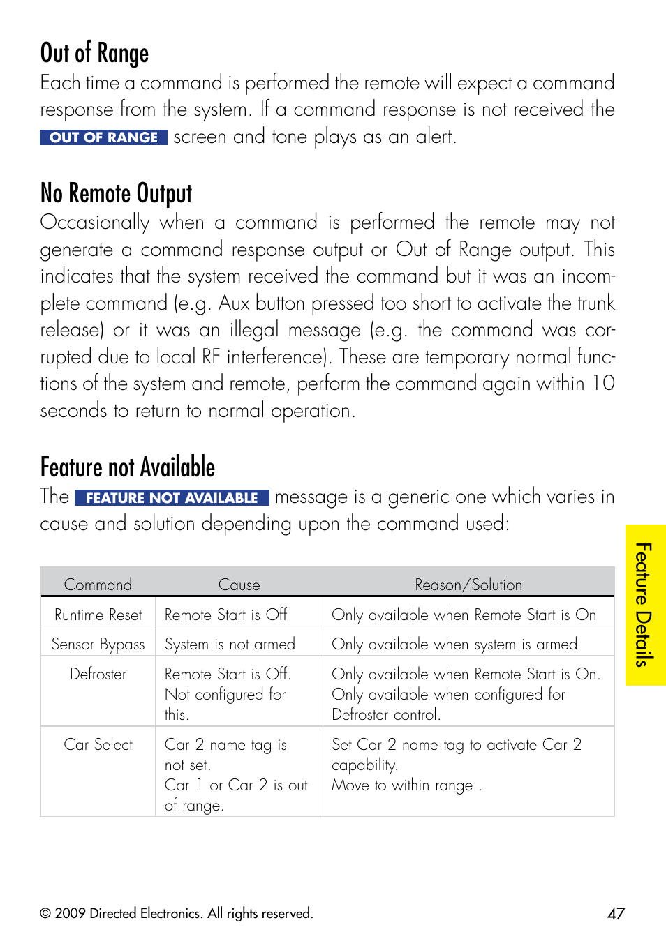Out of range, No remote output, Feature not available | Viper 5902 User Manual | Page 50 / 69