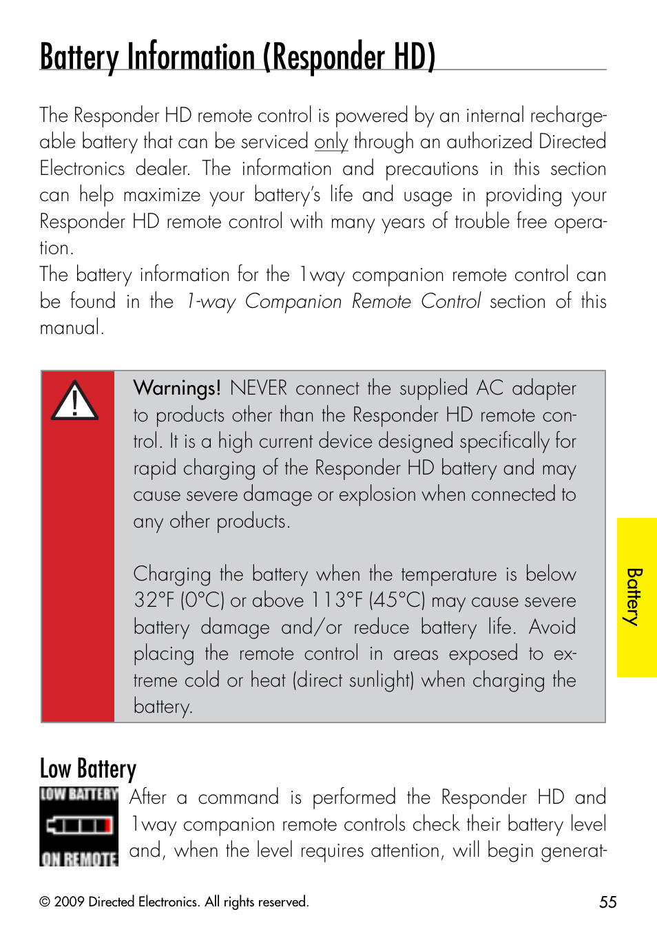 Battery information (responder hd), Low battery | Viper 5902 User Manual | Page 58 / 69