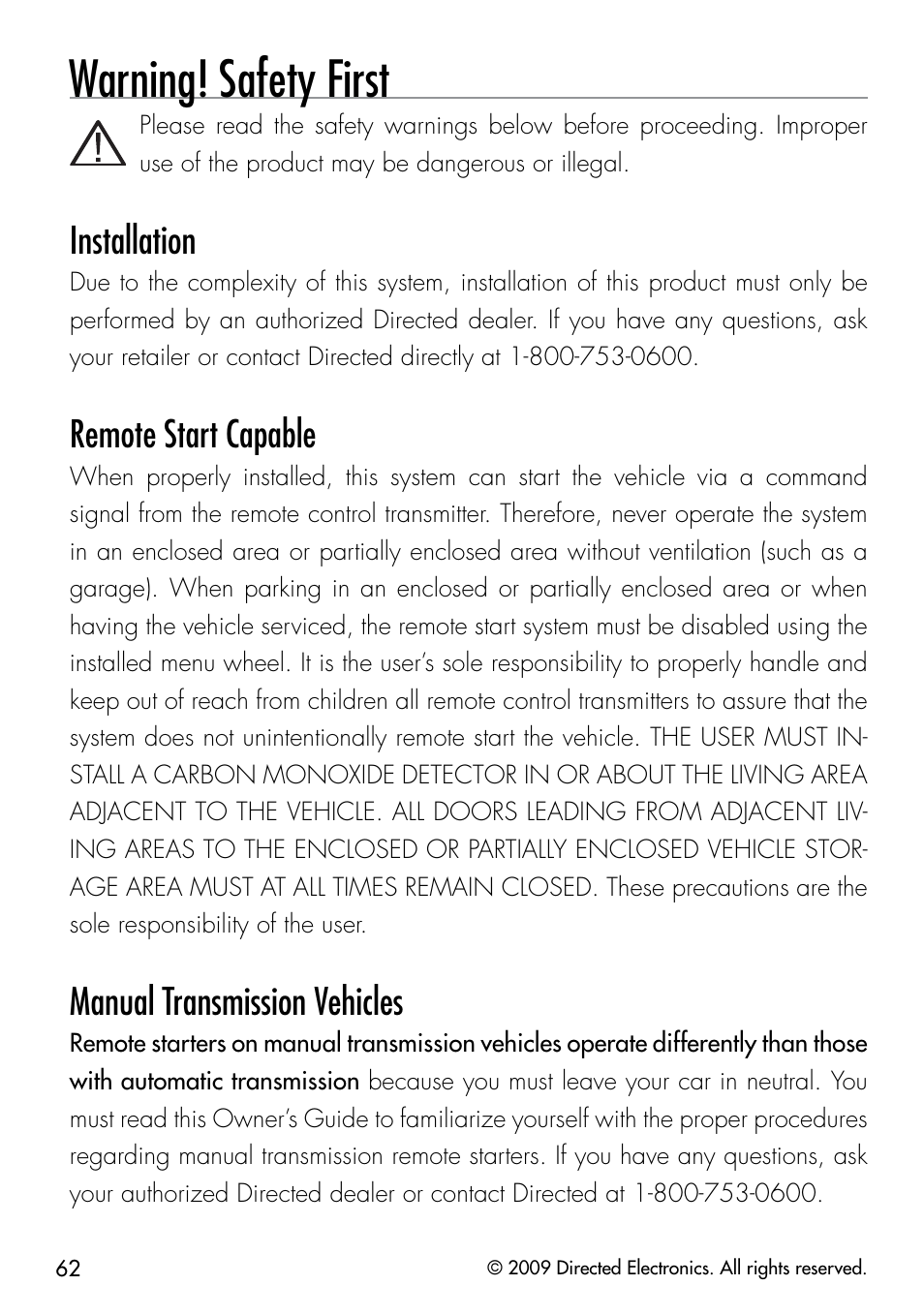 Warning! safety first, Installation, Remote start capable | Manual transmission vehicles | Viper 5902 User Manual | Page 65 / 69