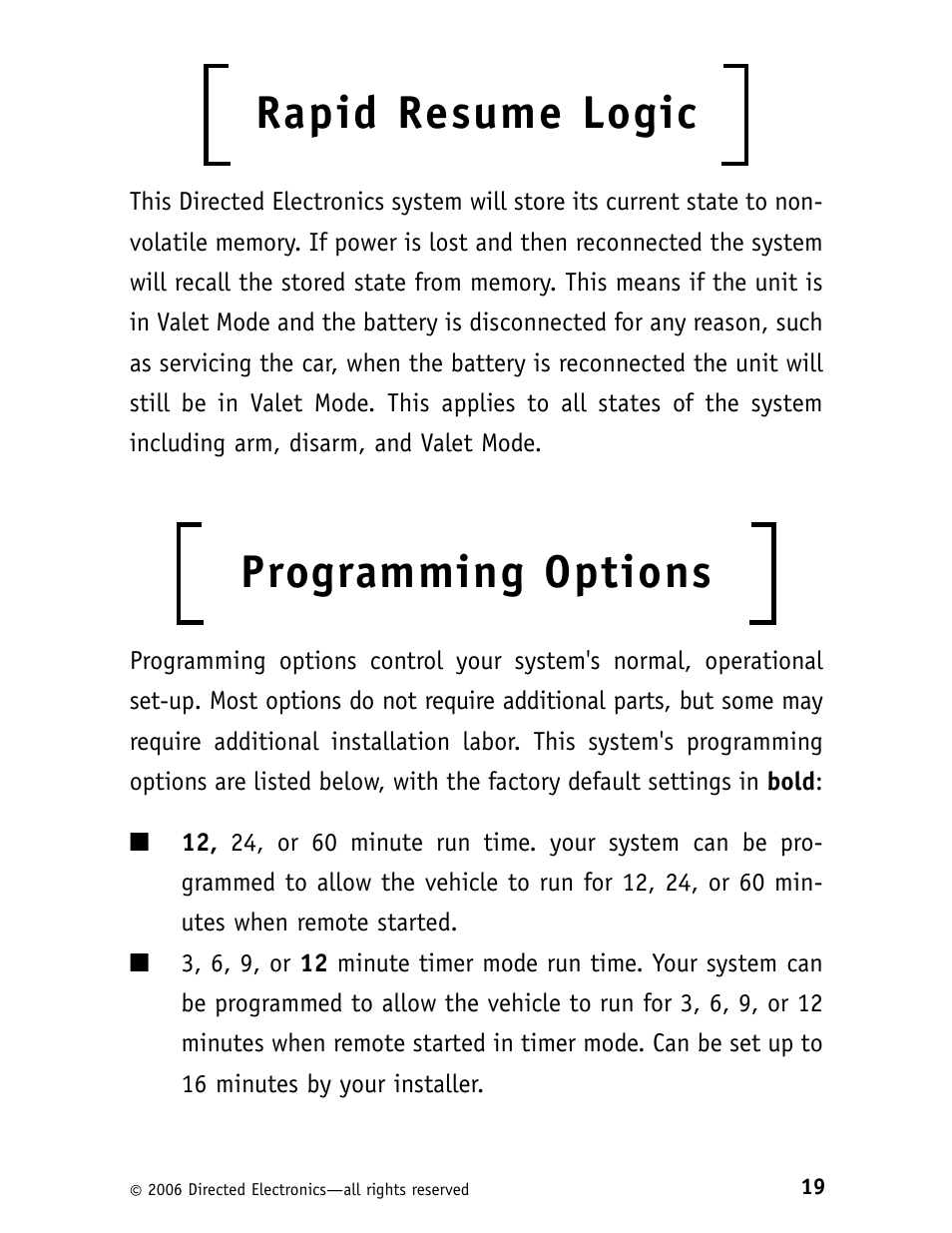 Rapid resume logic, Programming options | Viper 160XVL User Manual | Page 22 / 30