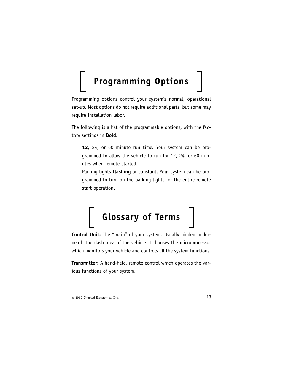Programming options, Glossary of terms | Viper 135HF User Manual | Page 16 / 18
