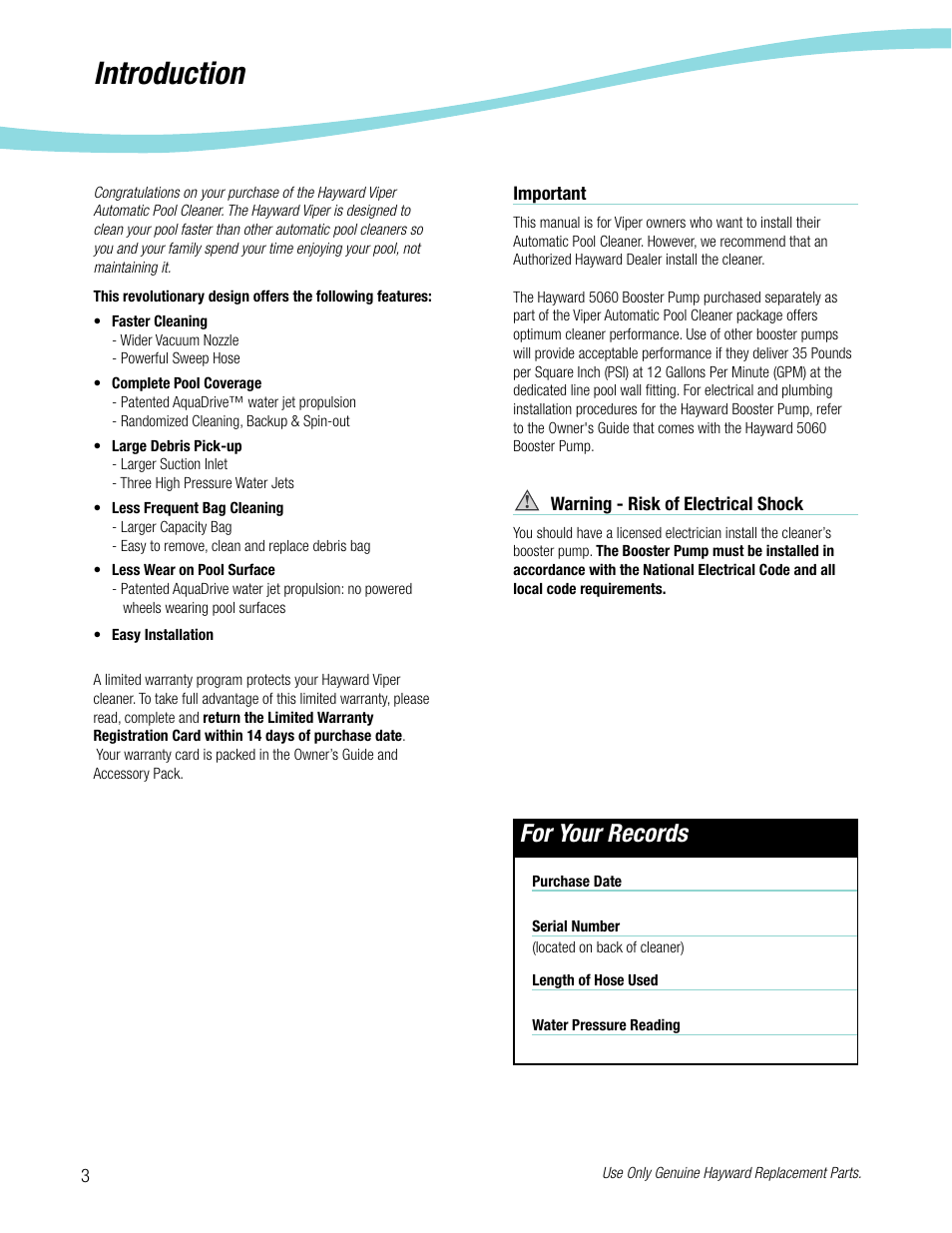 Introduction, For your records | Viper Hayward 5500 User Manual | Page 4 / 22