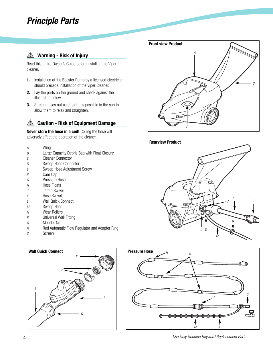 Principle parts, Warning - risk of injury, Caution - risk of equipment damage | Viper Hayward 5500 User Manual | Page 5 / 22