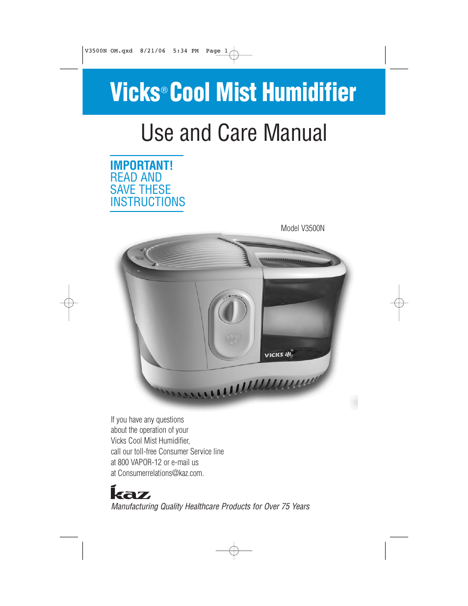 Vicks V3500N User Manual | 30 pages