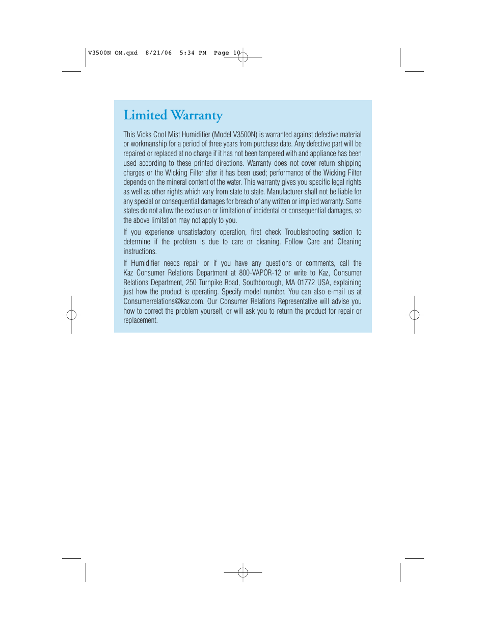Limited warranty | Vicks V3500N User Manual | Page 10 / 30