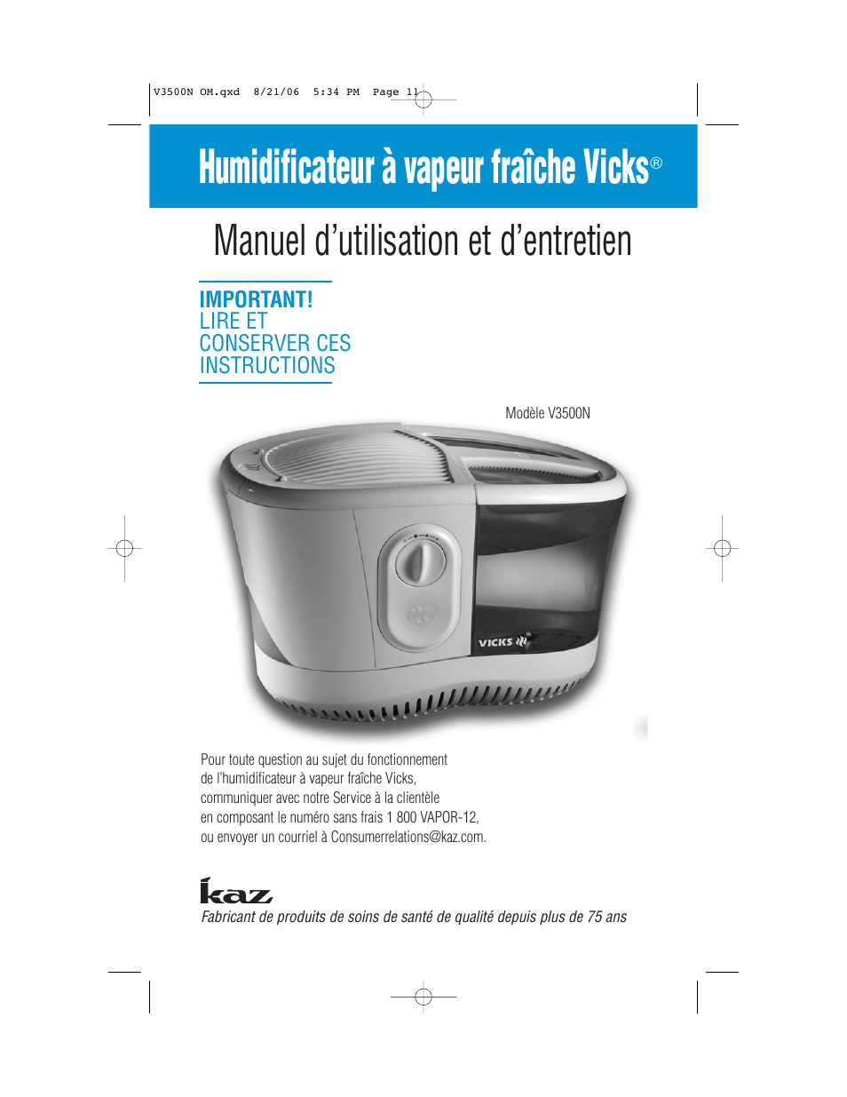 Humidificateur à vapeur fraîche vicks, Manuel d’utilisation et d’entretien | Vicks V3500N User Manual | Page 11 / 30